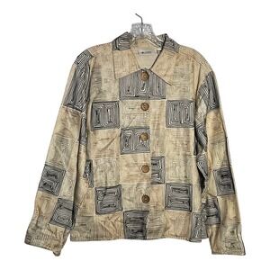 Units Womens Beige Black‎ Linen Blend Geometric Button Down Jacket Medium